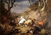 Eugene Verboeckhoven Hungry Wolves Attacking a Group of Horsemen oil painting reproduction